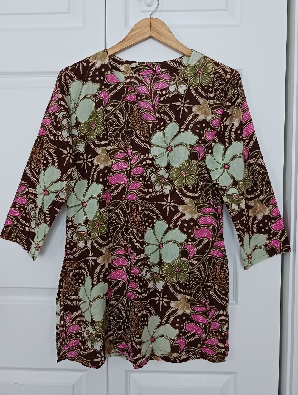 Cotton Floral Tunic 3/4 Sleeves With Split Sides